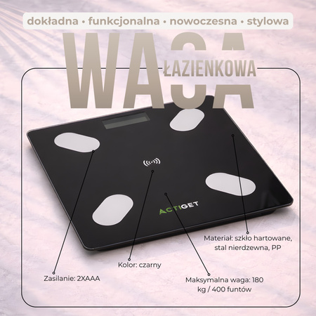 Waga elektroniczna łazienkowa 180 kg domowa ze szkła hartowaneego LCD, z aplikacją czarna