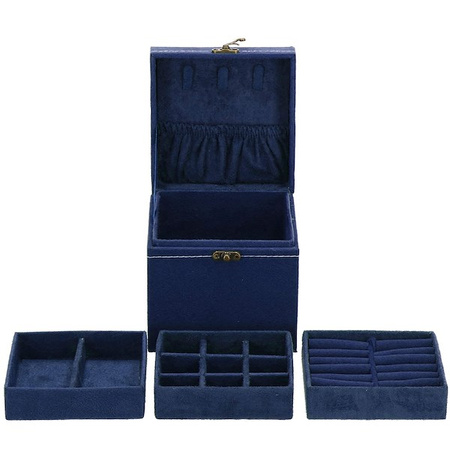 Szkatułka na biżuterię 12x12x12 cm granatowy kuferek z przegródkami welurowy
