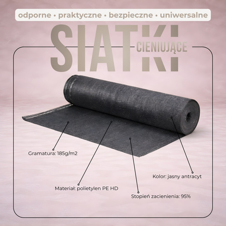 Siatka cieniująca 95% 1,7x25 m osłona na ogrodzenie 185g/m2 100 szt. opasek jasny antracyt