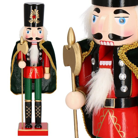 Dziadek do orzechów 38 cm z peleryną, ozdoba świąteczna, figurka drewniany żołnierzyk czerwono-czarny
