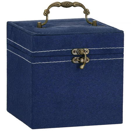 Szkatułka na biżuterię 12x12x12 cm granatowy kuferek z przegródkami welurowy