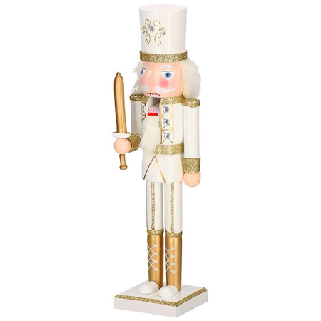 Dziadek do orzechów 38 cm z mieczem, ozdoba świąteczna, figurka drewniany żołnierzyk kremowo-złoty