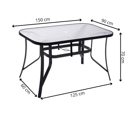 Stół ogrodowy i na taras ze szklanym blatem, metalowy czarny 150 cm