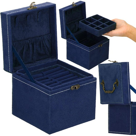 Szkatułka na biżuterię 12x12x12 cm granatowy kuferek z przegródkami welurowy