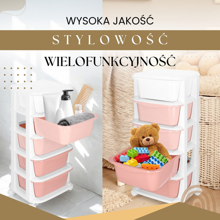 Regał łazienkowy z 5 szufladami szafka na kółkach na zabawki mobilna różowo-biała
