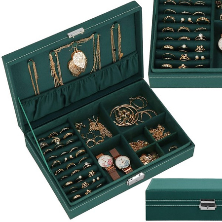 Szkatułka na biżuterię 28x19,5x7 cm zielony kuferek z 17 przegródkami welurowy