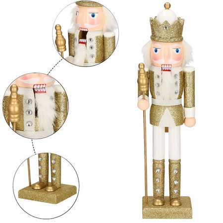 Dziadek do orzechów 38 cm z berłem, ozdoba świąteczna, figurka drewniany żołnierzyk brokatowo złoty