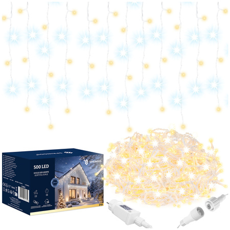 Kurtyna świetlna 500 led girlanda, lampki wewnętrzno-zewnętrzne 24 m sople biały ciepły + flash