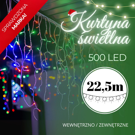 Kurtyna świetlna 500 led multikolor, flash biały zimny girlanda, lampki wewnętrzno-zewnętrzne sople