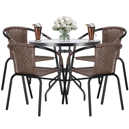 Meble na balkon: stolik kawowy, 4 krzesła metalowe do ogrodu czarno-brązowe 