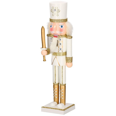 Dziadek do orzechów 38 cm z mieczem, ozdoba świąteczna, figurka drewniany żołnierzyk kremowo-złoty