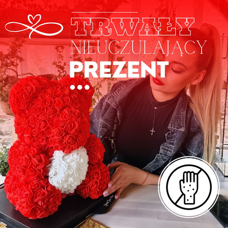 Miś z róż 22 cm czerwony z białym sercem miś różany z pudełkiem
