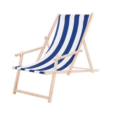 Leżak drewniany z podłokietnikami ogrodowy, plażowy niebiesko-biały