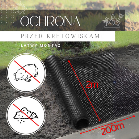 Siatka przeciw nornicom 2 m x 200 m + kołki 100 szt. przeciw kretom 30g/m2
