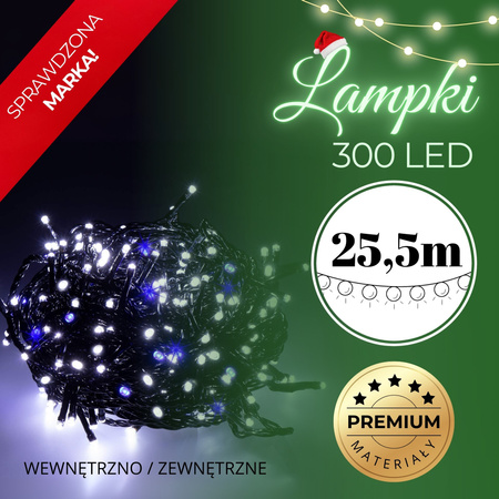 Lampki choinkowe 25,5m zimny biały, flash niebieski 300 led oświetlenie świąteczne IP44
