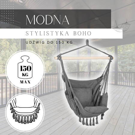 Fotel wiszący z poduszkami fotel brazylijski z frędzlami boho szary