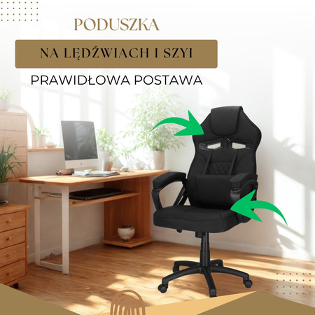 Fotel biurowy z regulacją wysokości, krzesło gamingowe, obrotowe dla gracza, czarny