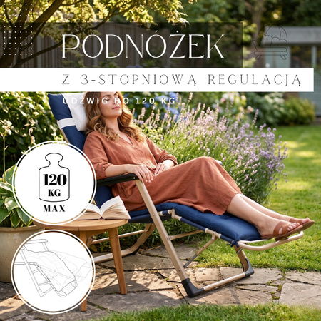 Leżak plażowy, fotel ogrodowy składany z podnóżkiem i poduszką granatowy 