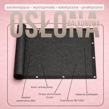 Osłona balkonowa, zacieniająca 95% 100x300 cm mata na balkon, maskująca, antracytowa