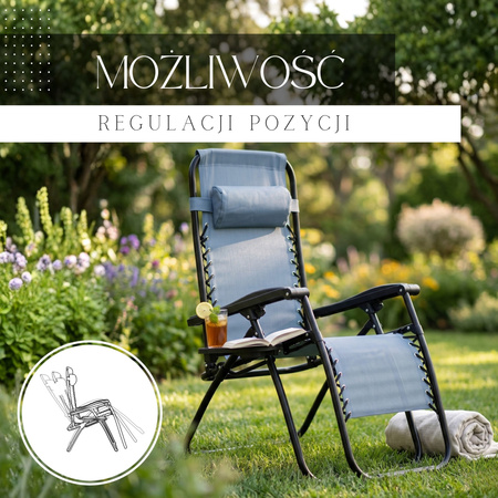 Leżak ogrodowy grawitacyjny z zagłówkiem szary zestaw 2 szt.