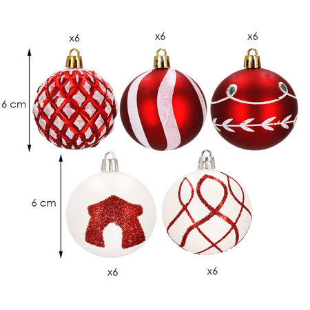 Bombki choinkowe 30 sztuk, czerwone 6 cm, zestaw choinkowy