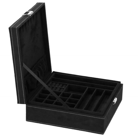 Szkatułka na biżuterię 26x26x9 cm czarny, welurowy organizer z przegródkami
