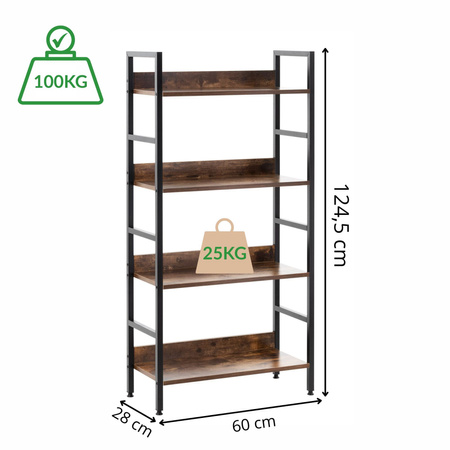 Regał na książki 4 półki loft bibloteczka 124,5x60x28 ciemnobrązowy