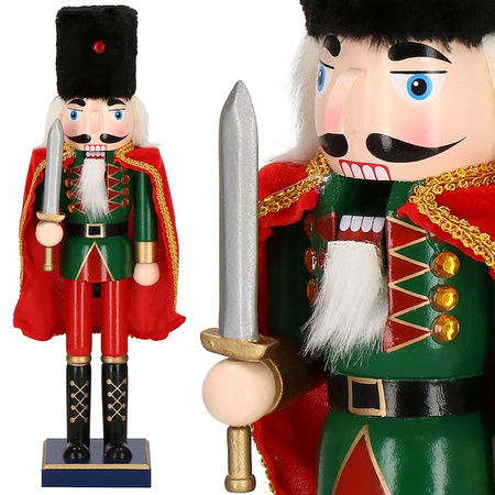 Dziadek do orzechów 38 cm z peleryną, ozdoba świąteczna, figurka drewniany żołnierzyk zielono-czerwony