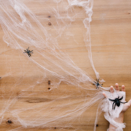 Ozdoba na Halloween pajęczyna z 2 pająkami dekoracja sieć pajęcza 3,5 m