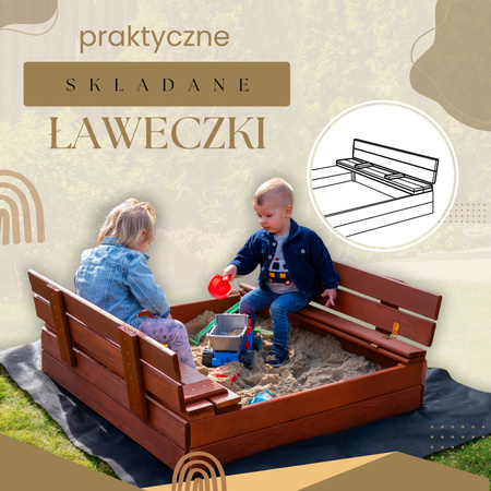 Piaskownica zamykana 100x100 cm drewno impregnowane z ławeczkami, włókniną i plandeką, brązowa