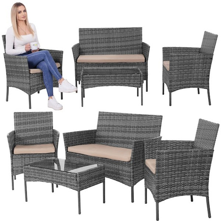 Meble ogrodowe technorattanowe komplet sofa, fotele i stolik ze szklanym blatem szare
