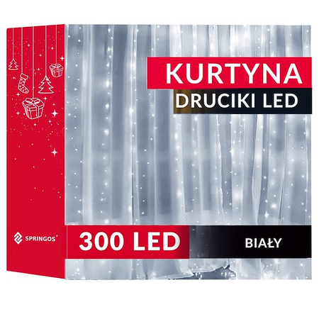 Kurtyna świetlna 300 led lampki choinkowe wewnętrzno-zewnętrzne sople biały zimny + flash