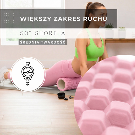Roller fitness do masażu ciała, średnio twardy, wałek z wypustkami, różowy