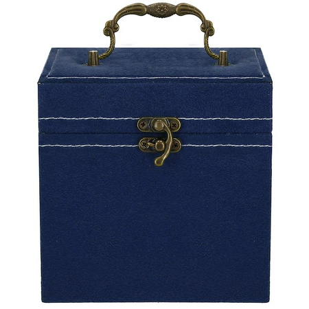 Szkatułka na biżuterię 12x12x12 cm granatowy kuferek z przegródkami welurowy