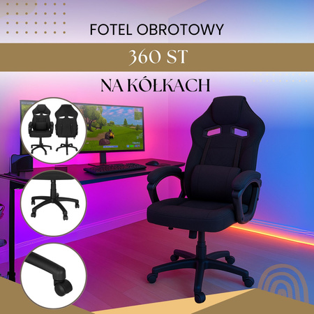 Fotel biurowy z regulacją wysokości, krzesło gamingowe, obrotowe dla gracza, czarny