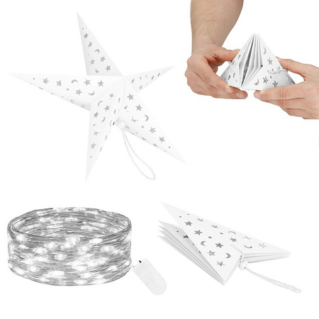 Gwiazda papierowa świąteczna biała 3D 25 cm i lampki choinkowe 10 led zimny biały