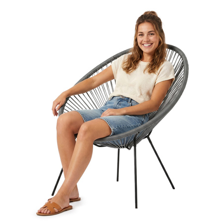 Rattanowy fotel ogrodowy, wys. 86 cm ażurowe krzesło owalne na zewnątrz, szary