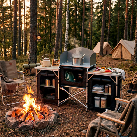 Stół, kuchnia turystyczna z szafkami, kempingowa składana 175x45x110 cm