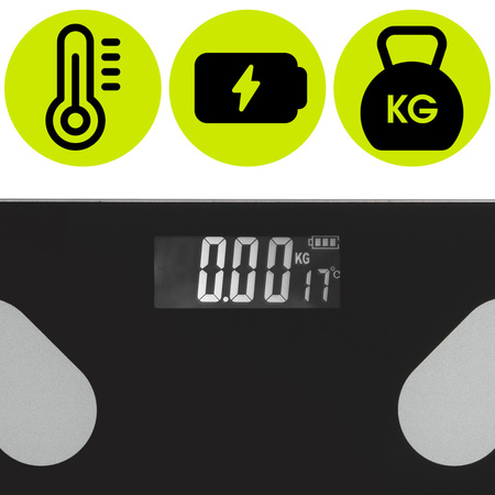 Waga elektroniczna łazienkowa 180 kg domowa ze szkła hartowaneego LCD, z aplikacją czarna